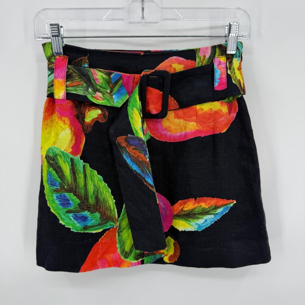 Farm Rio Tropical Floral Linen Mini Skirt Belted Black Size XS